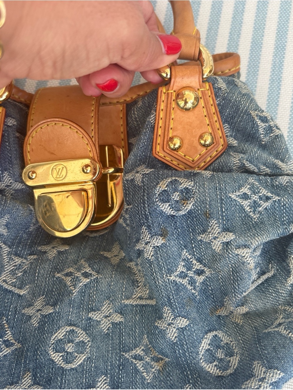 Louis Vuitton Denim Pleaty Monogram Tote with Tan Leather and Gold Hardware